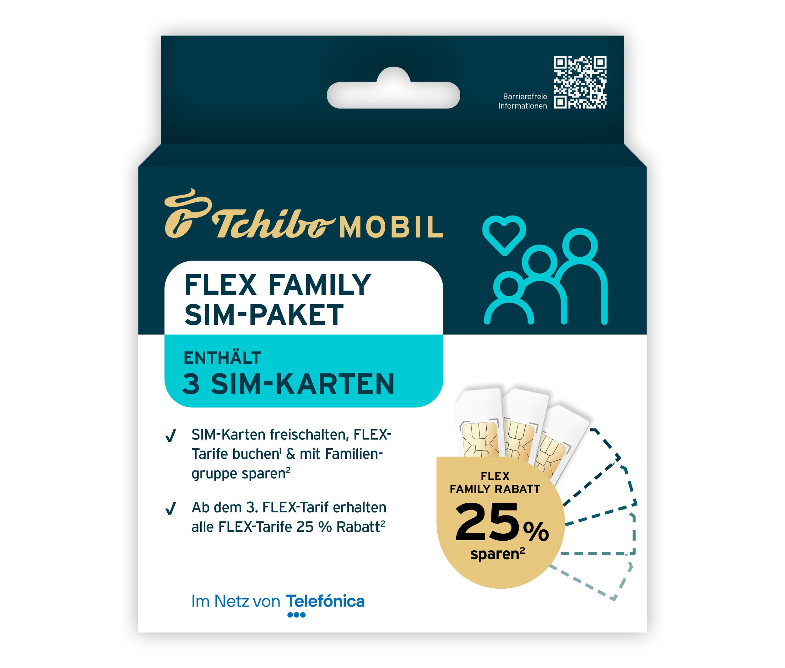 Nahaufnahme einer Tchibo Mobil Flex Family SIM-Paket-Verpackung mit drei SIM-Karten und Informationen zu Tarifen und Rabatten.