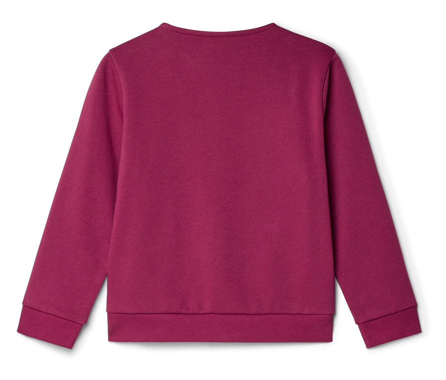 Rückansicht eines einfarbigen, langärmeligen, weinroten Pullovers mit Rundhalsausschnitt.