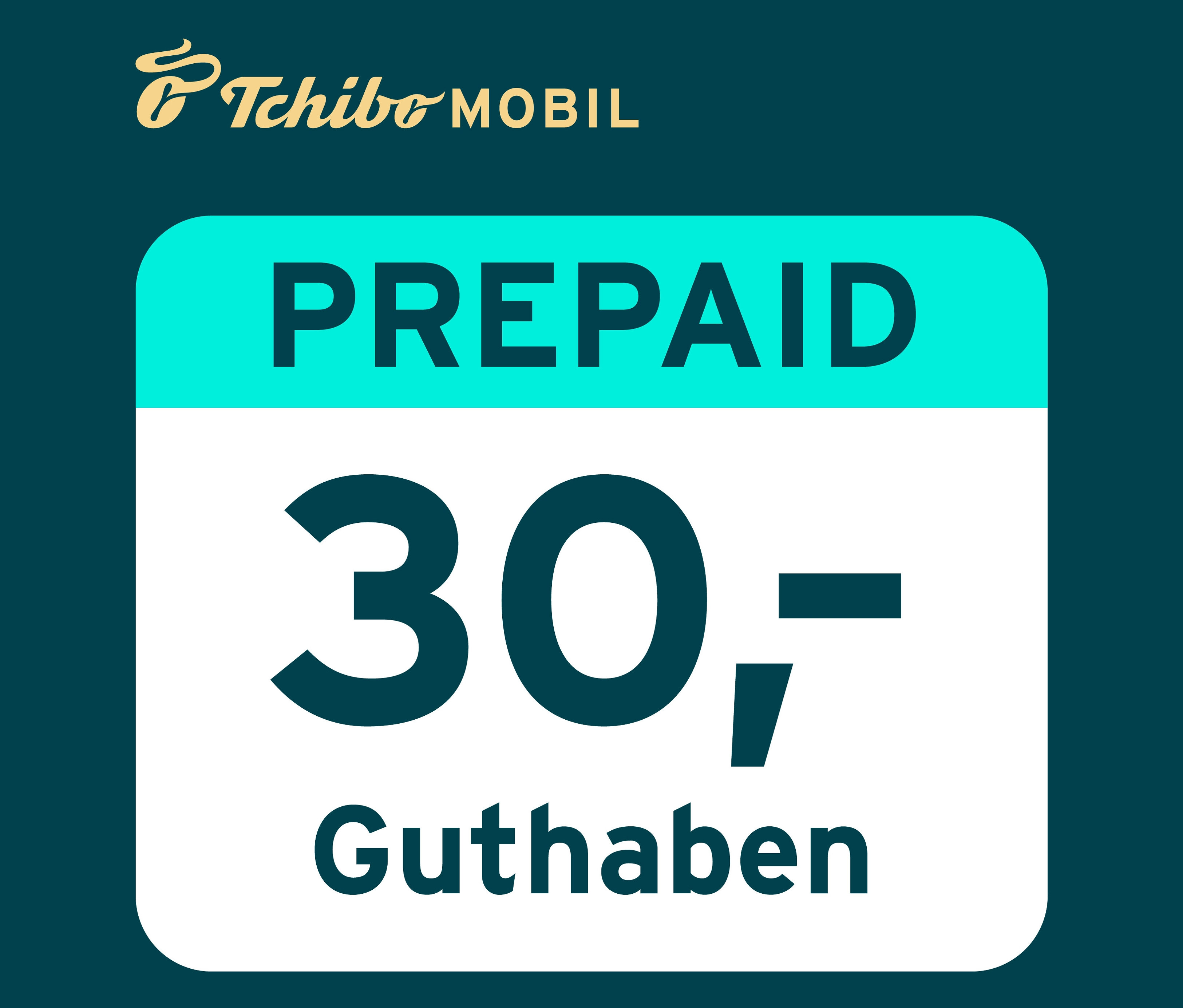 Tchibo Mobil Logo über einem 30 € Guthabenvoucher auf hellblau-weißem Hintergrund.