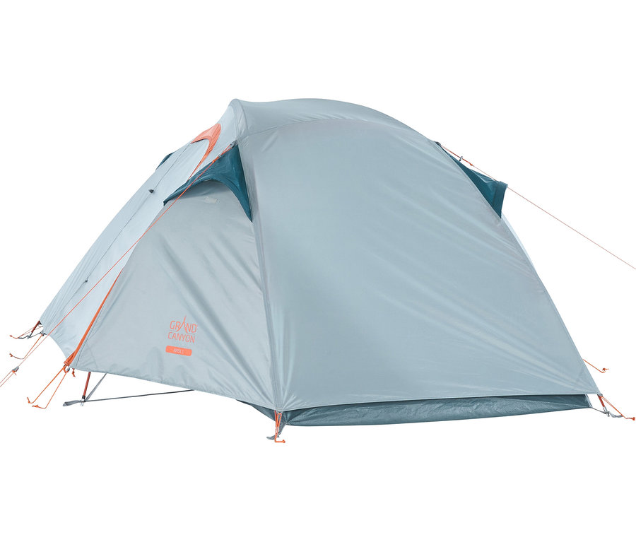 Aufgebautes graues Grand Canyon »Apex« 1-Personen-Trekkingzelt mit orangefarbenen und türkisen Akzenten.