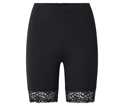 Schwarze, kurze Leggings mit Spitzenabschluss.
