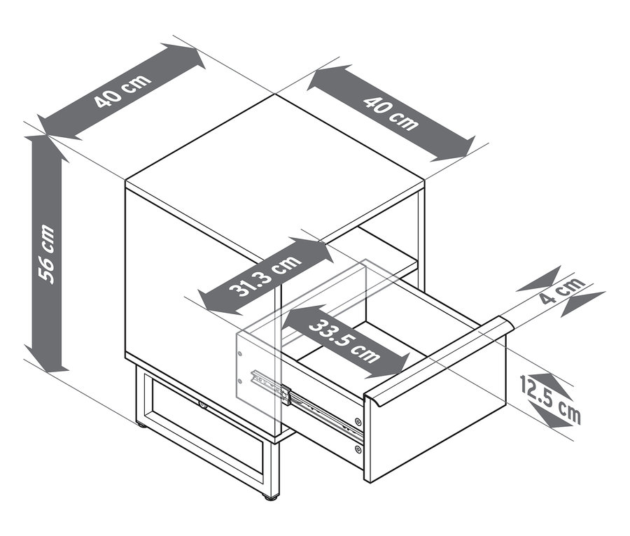 Draufsicht eines Nachttischs »LEEG« mit einer Schublade und Maßangaben.