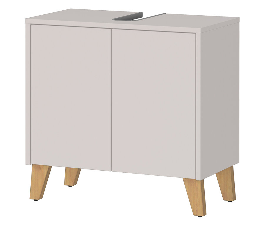 Ein hellgrauer Waschbeckenunterschrank mit zwei Türen und hellbraunen Holzfüßen.