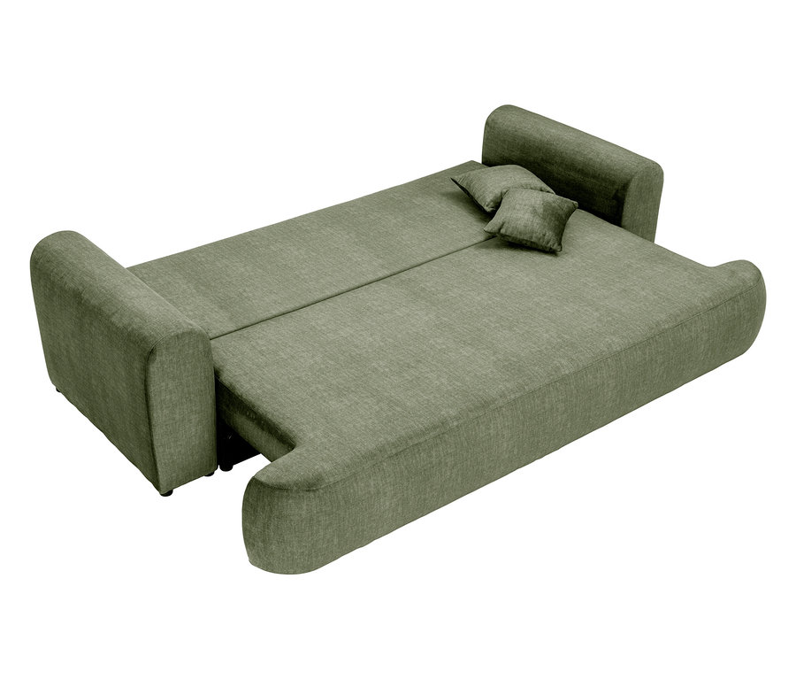 Ausgeklapptes grünes Schlafsofa mit zwei kleinen Kissen.