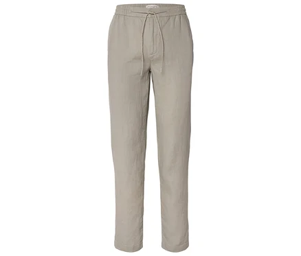 Beige Leinenhose mit Kordelzugbund vor neutralem Hintergrund.