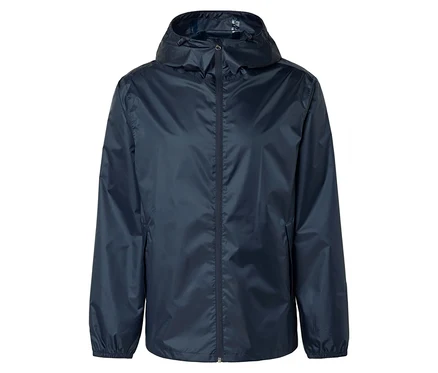Marineblaue Regenjacke mit Kapuze und Reißverschluss.