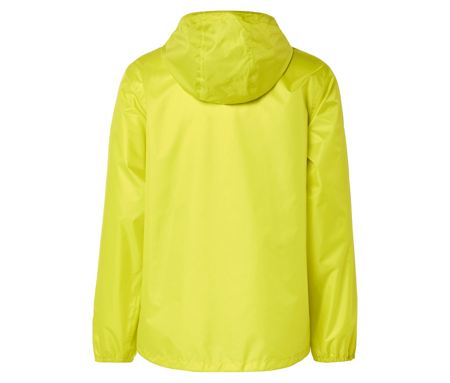 Rückansicht einer neongelben Regenjacke mit Kapuze.