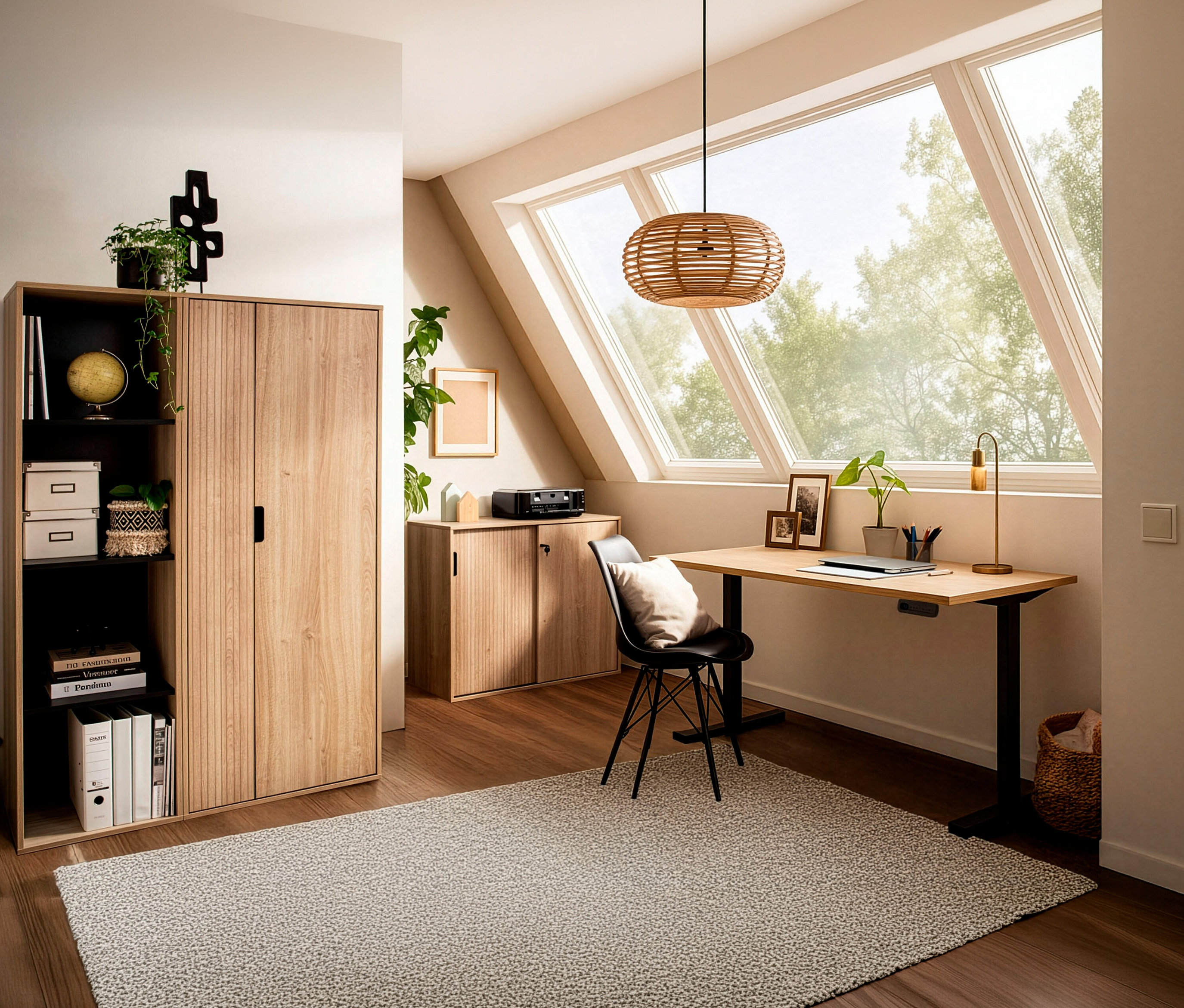 Raum mit »Emmik« Aktenschrank, »Emmik« Rollcontainer, »Emmik« Aktenschrank und »Emmik L138« elektrischem Schreibtisch in Weißeiche.