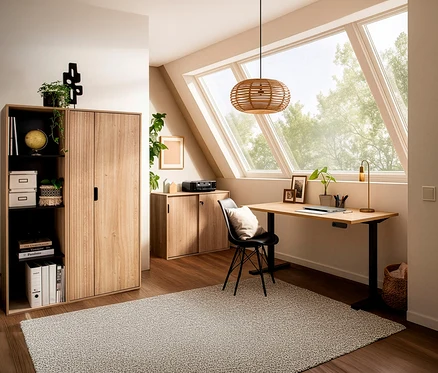 Raum mit »Emmik« Aktenschrank, »Emmik« Rollcontainer, »Emmik« Aktenschrank und »Emmik L138« elektrischem Schreibtisch in Weißeiche.