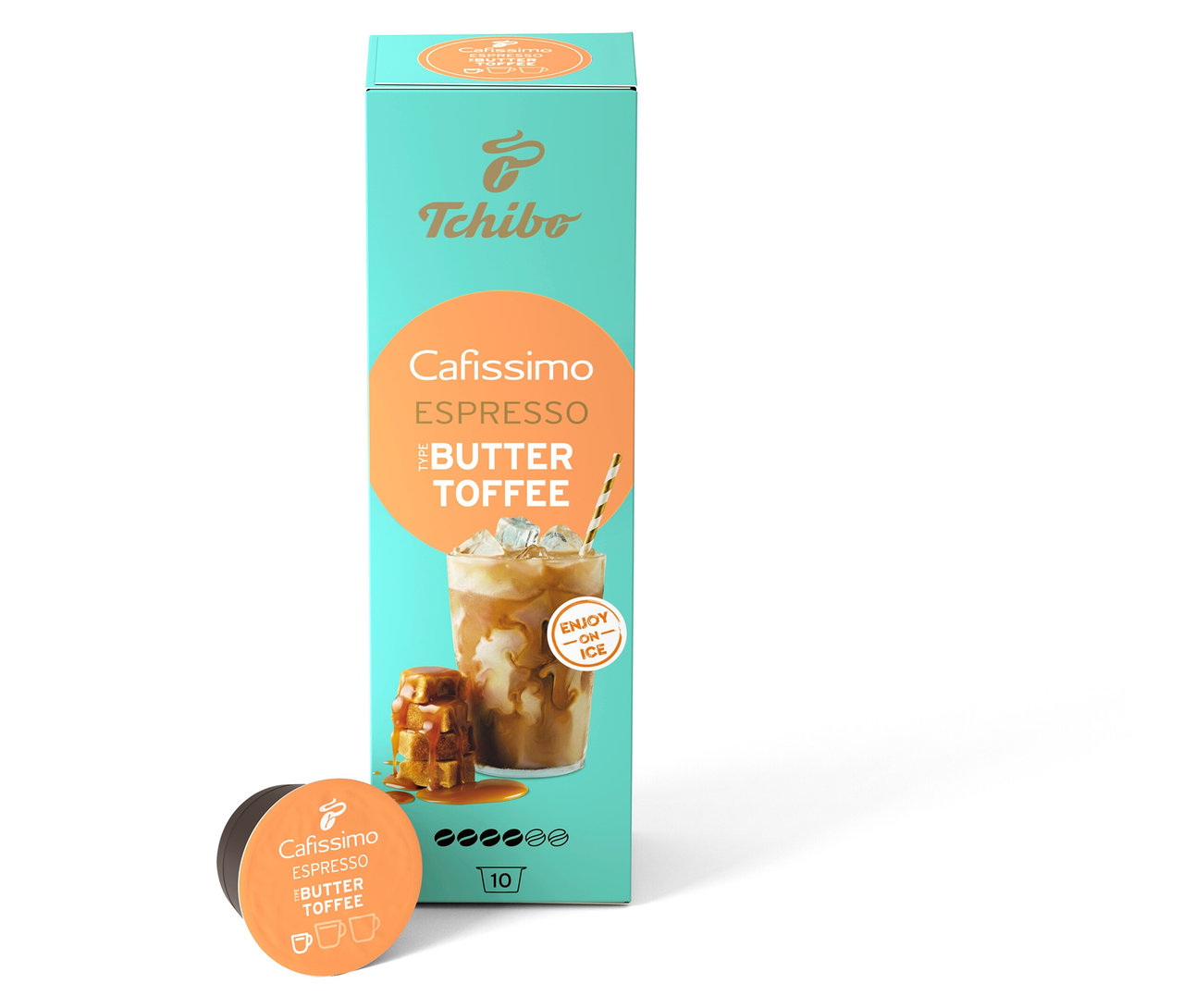 Eine Packung Cafissimo Flavoured Espresso - Buttertoffee 10 Kapseln steht neben zwei einzelnen Kapseln.