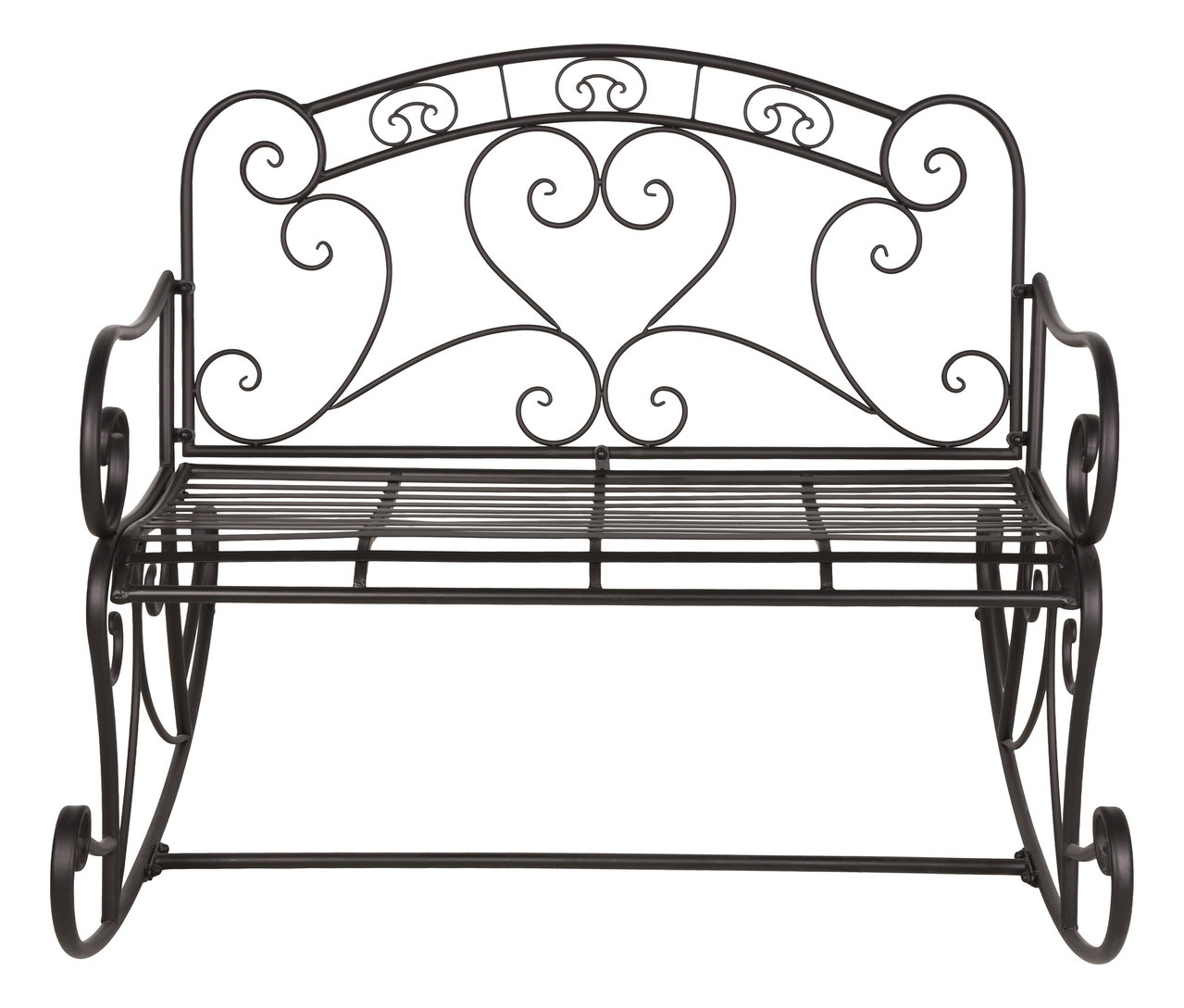 Eine schwarze Metallbank mit herzförmigen Verzierungen an der Rückenlehne.