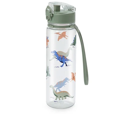 Eine durchsichtige Wasserflasche mit Dinosaurier-Motiven und einem olivgrünen Deckel und Trageband.