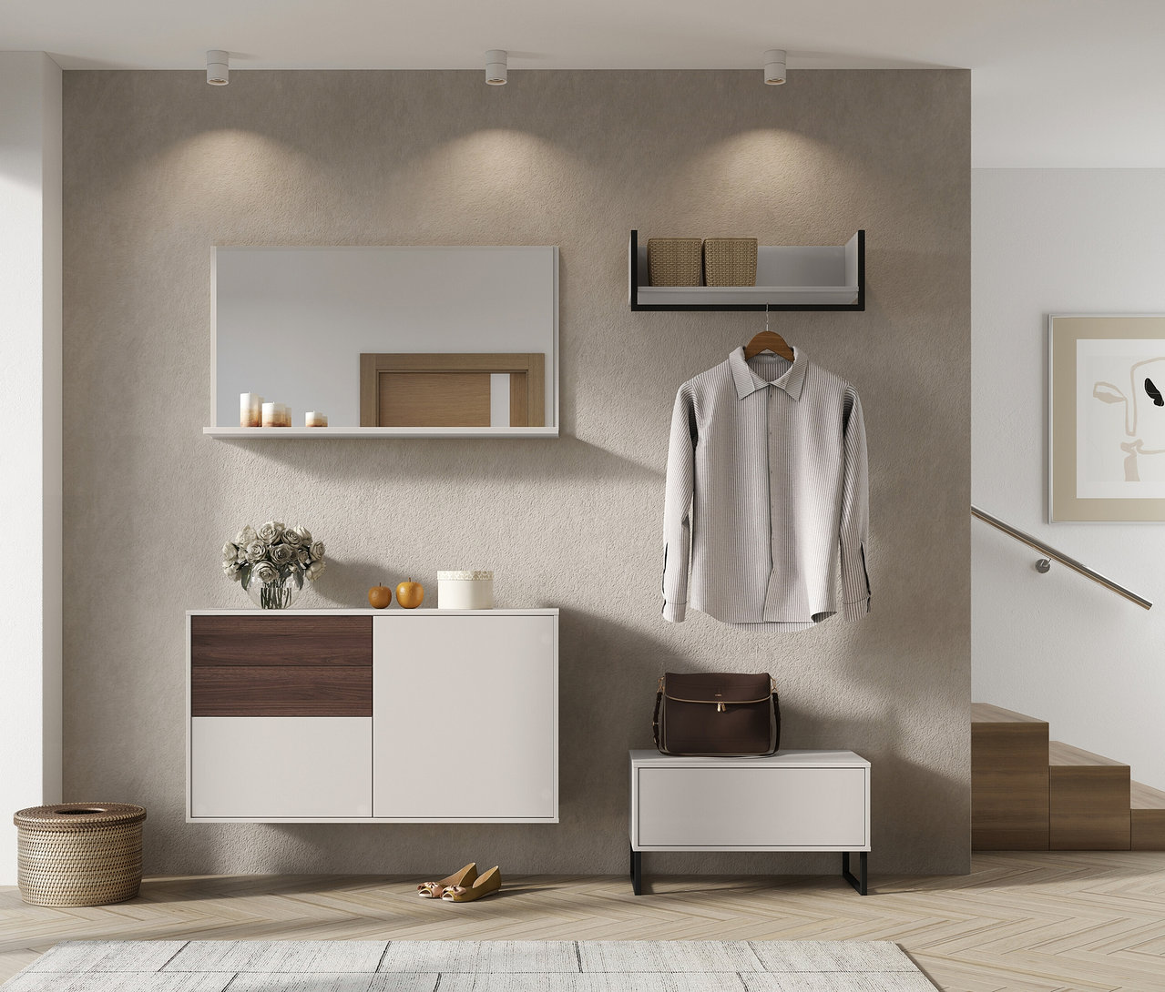 Flur mit Schuhschrank »Madeo« unter Spiegel, Hemd an der Wand und Tasche auf Bank.