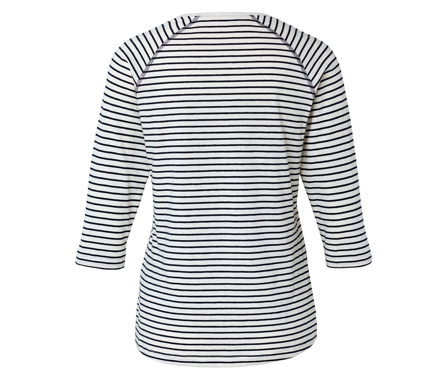 Rückansicht eines gestreiften Langarmshirts mit Dreiviertelärmeln.