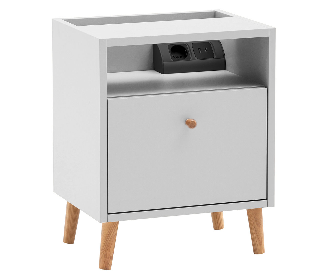 Freistehender, matter, weißer Nachttisch »Bjarne« mit Ladefunktion, einer Schublade mit rundem Holzgriff und zwei Steckdosen oben.