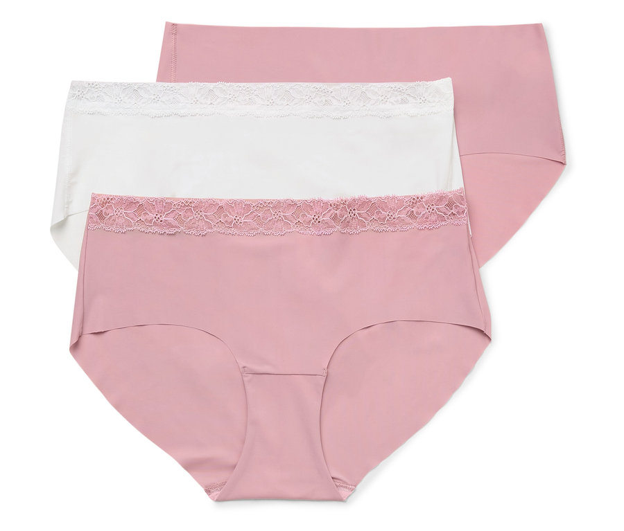 Drei Slips mit Spitzenbesatz in Rosa und Weiß liegen übereinander.