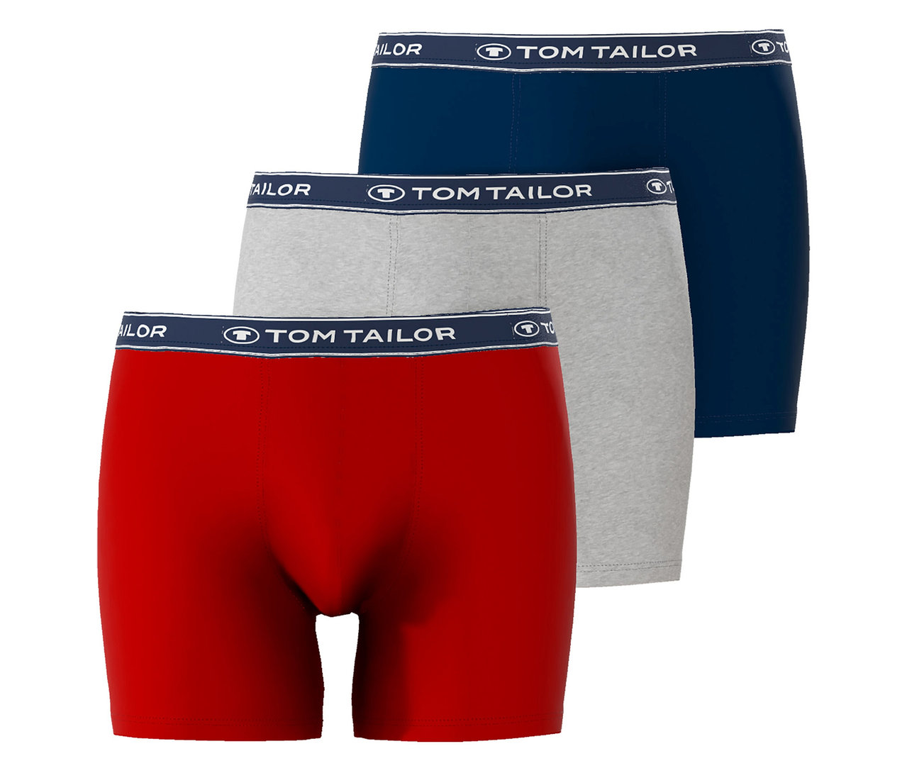 Drei Tom Tailor Boxershorts in Rot, Grau und Blau liegen übereinander.