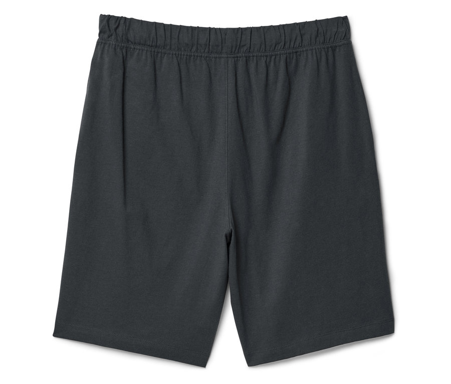Dunkelgraue Shorts mit elastischem Bund liegen auf einem weißen Hintergrund.