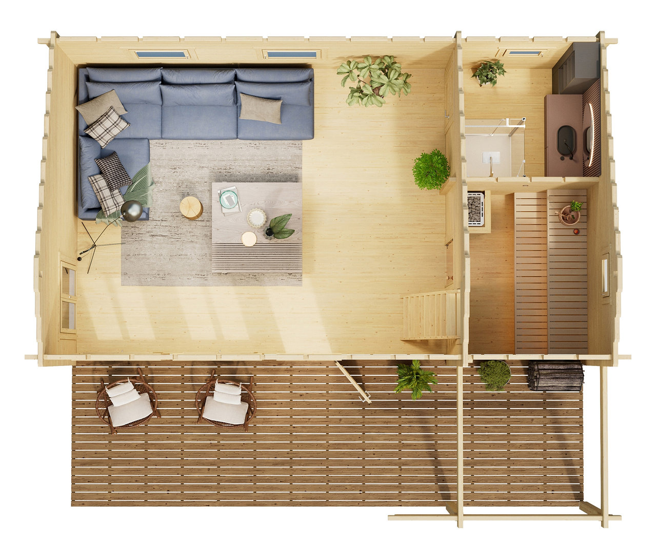 Draufsicht eines Blockhauses mit Terrasse, Wohnbereich mit Sofa, Couchtisch, Teppich, Bad mit Dusche und Sauna.