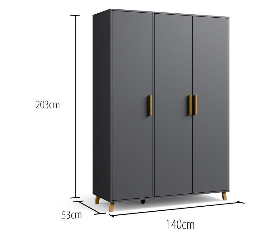 Grauer Kleiderschrank mit drei Türen und hölzernen Griffen, Maße: 203 cm hoch, 140 cm breit und 53 cm tief.
