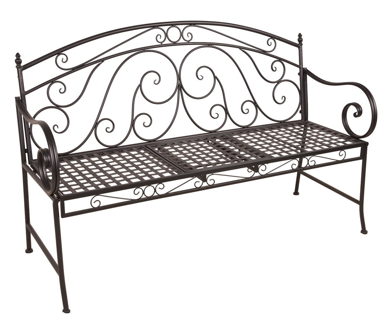 Eine schwarze Bank aus Metall mit geschwungenen Verzierungen steht auf einem weißen Hintergrund.