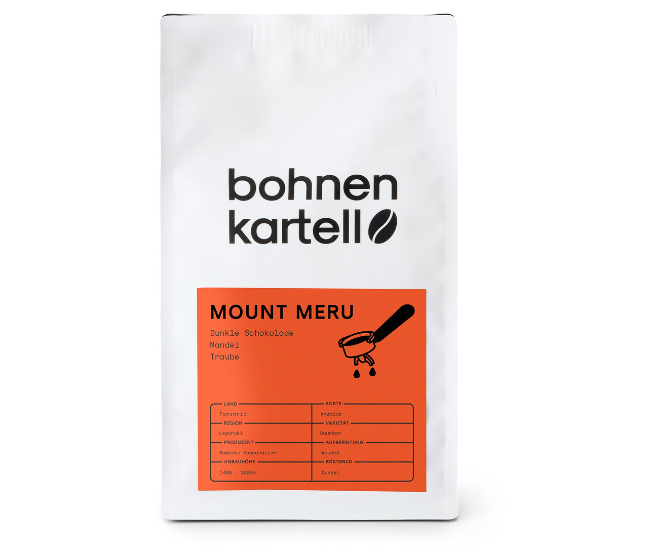 Weiße Tüte Bohnenkaffee „Mount Meru Espresso“ von bohnenkartell, 250 g ganze Bohne, mit Infos zu dunkler Schokolade, Mandel und Traube.