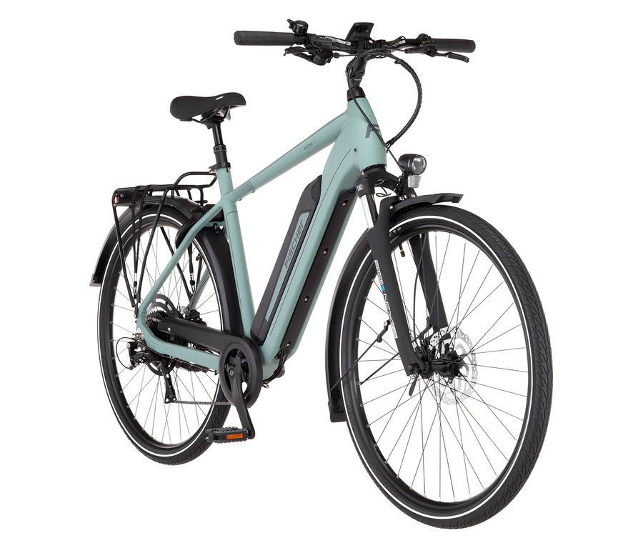 Draufsicht auf ein mintgrünes FISCHER Trekking E-Bike VIATOR 2.1 ACTIVE mit großem Diamant-Rahmen vor weißem Hintergrund.