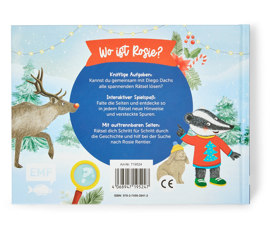 Rückseite des Buches "Wo ist Rosie?" mit Illustrationen eines Rehs, Daches und Hasen vor winterlichem Hintergrund.