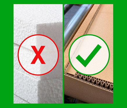 Gegenüberstellung: Links ein Stapel Styropor mit einem roten X, rechts eine Kartonverpackung mit einem grünen Haken.