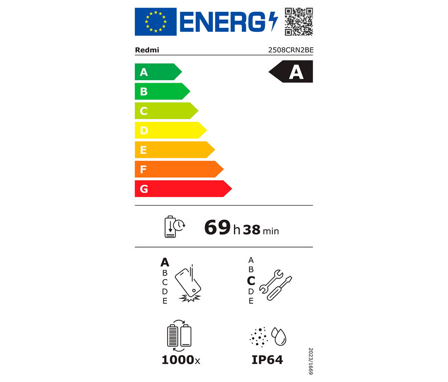 Energielabel mit einer Bewertung von A, einer Akkulaufzeit von 69 Stunden und 38 Minuten sowie Angaben zu Sturzfestigkeit und Wasserdichtigkeit.