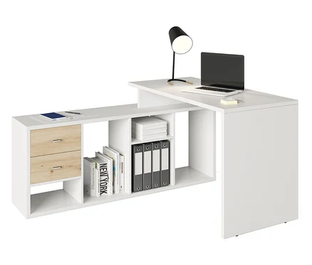 Weißer Eckschreibtisch mit Schubladen, Regalen, Büchern, Ordnern, Laptop und Lampe.