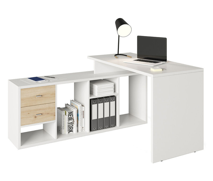 Weißer Eckschreibtisch mit Schubladen, Regalen, Büchern, Ordnern, Laptop und Lampe.