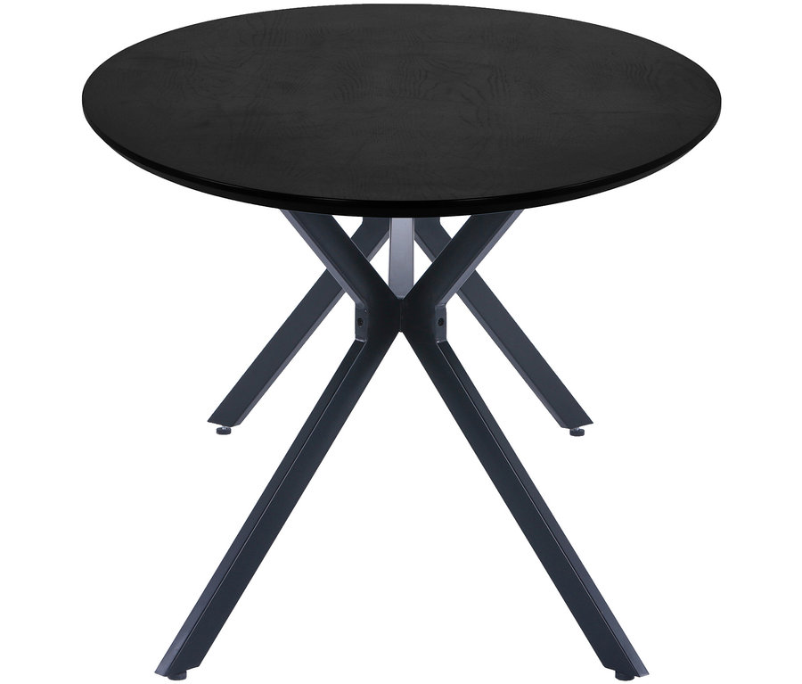Runder Tisch mit schwarzer Tischplatte und sichtbarer Holzmaserung, getragen von schwarzen Metallbeinen in X-Form.