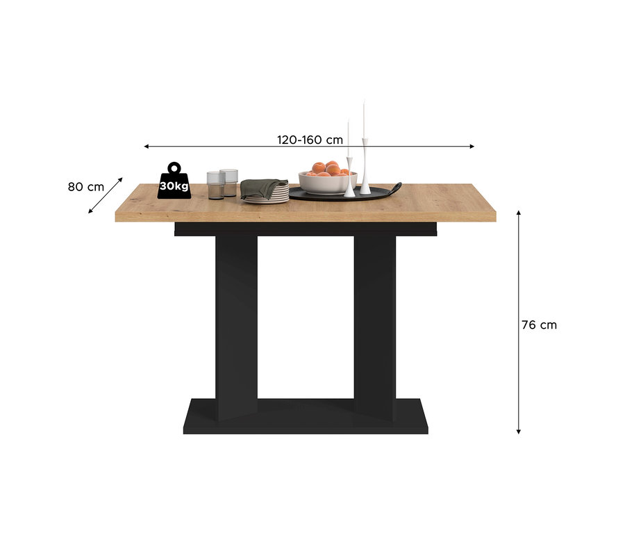 Schwarzer xoxonox Esstisch »Victor« mit heller Holzplatte, 160 cm lang, 80 cm breit und 76 cm hoch. Darauf stehen eine Obstschale, Gläser, Servietten und Kerzenständer. Die Tischplatte ist bis 30 kg belastbar.