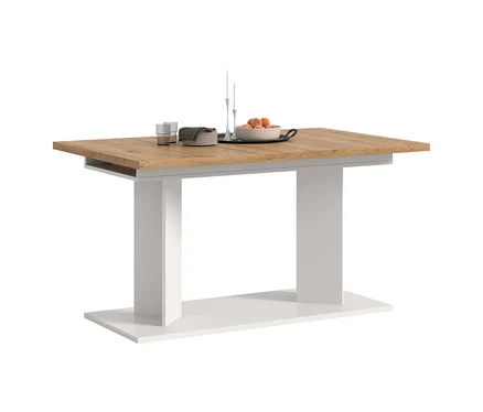 xonox Esstisch Victor XL mit Holzplatte und weißem Gestell, darauf Teller, Gläser, Obst und Kerzen.