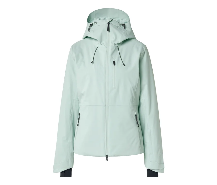Hellmintgrüne Funktionsjacke mit Kapuze, durchgehendem Reißverschluss, Reißverschlusstasche auf der Brust und zwei seitlichen Reißverschlusstaschen. Die Jacke hat verstellbare Ärmelbündchen mit schwarzen Innenbündchen.