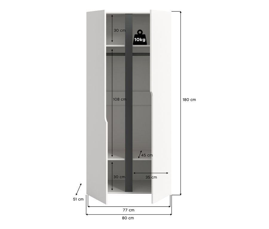 Weißer, 2-türiger xonox Kleiderschrank »Saga« mit offenen Türen, der eine obere Ablage (10 kg), eine Kleiderstange und zwei untere Fächer zeigt. Maße: 180 cm hoch, 80 cm breit.