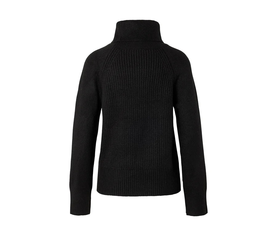 Schwarzer Rollkragenpullover mit Rippstrickdetails, Rückansicht.