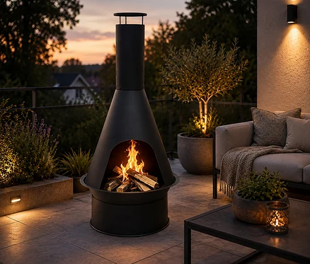 Eine Terrasse bei Dämmerung mit einer schwarzen Kaminofen-Feuerstelle, in der Holz brennt. Rechts daneben stehen ein Outdoor-Sofa mit Kissen und einer Decke sowie ein Couchtisch mit einer Topfpflanze und einer beleuchteten Kerzenlaterne. Topfbäume und Pflanzen mit Akzentbeleuchtung umgeben den Bereich.