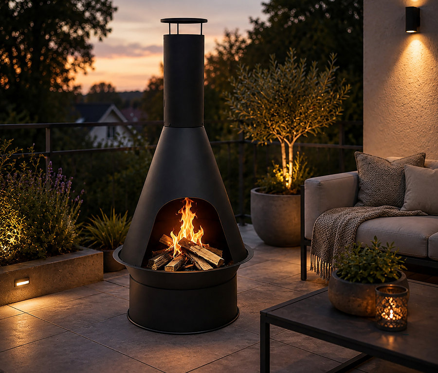 Eine Terrasse bei Dämmerung mit einer schwarzen Kaminofen-Feuerstelle, in der Holz brennt. Rechts daneben stehen ein Outdoor-Sofa mit Kissen und einer Decke sowie ein Couchtisch mit einer Topfpflanze und einer beleuchteten Kerzenlaterne. Topfbäume und Pflanzen mit Akzentbeleuchtung umgeben den Bereich.