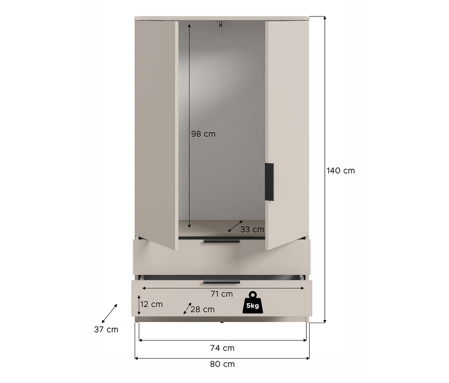 Beiger xonox Wäscheschrank »Nordic« mit offenen Türen und Schublade, zeigt Innenmaße und 5kg Traglast, Gesamtmaße 140x80x37 cm.