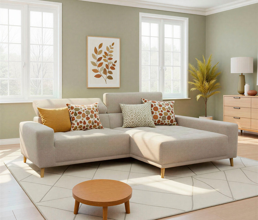 Gemütliches Wohnzimmer mit hellgrünen Wänden und hellem Holzboden. Ein beiges L-förmiges Sofa mit gemusterten und einfarbigen gelben Kissen steht auf einem hellen Teppich mit geometrischem Muster. Vor dem Sofa steht ein kleiner, runder Holztisch. Zwei große Fenster sind an der linken Wand, dazwischen hängt ein gerahmtes Bild mit Herbstblättern. Rechts vom Sofa steht eine hohe Pflanze neben einer Holzkommode mit Lampe und Dekoartikeln.