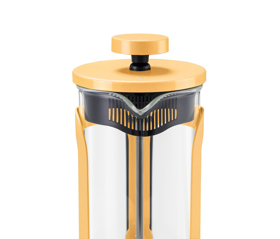 Gelber Kaffeebereiter mit transparentem Glaskörper, gelbem Deckel und schwarzem Pressstempel.