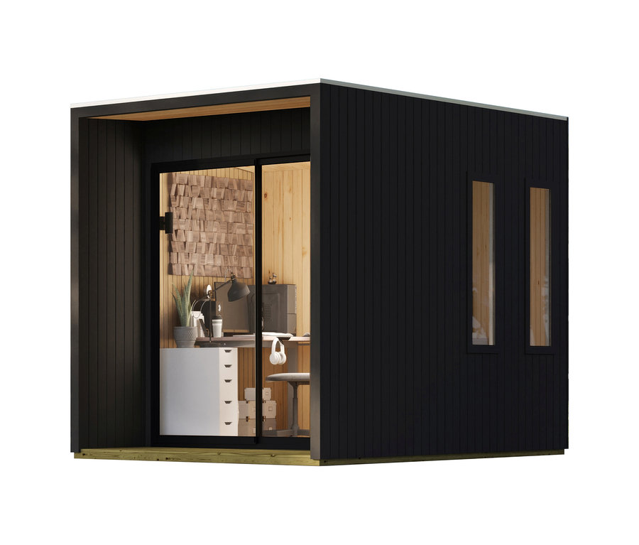Modernes schwarzes Karibu Homeoffice-Gartenhaus „Valentin“ mit großer Glasschiebetür, die ein Büro mit Holzwänden, Schreibtisch, Computer und weißem Aktenschrank zeigt. Zwei schmale Fenster sind an der Seite.