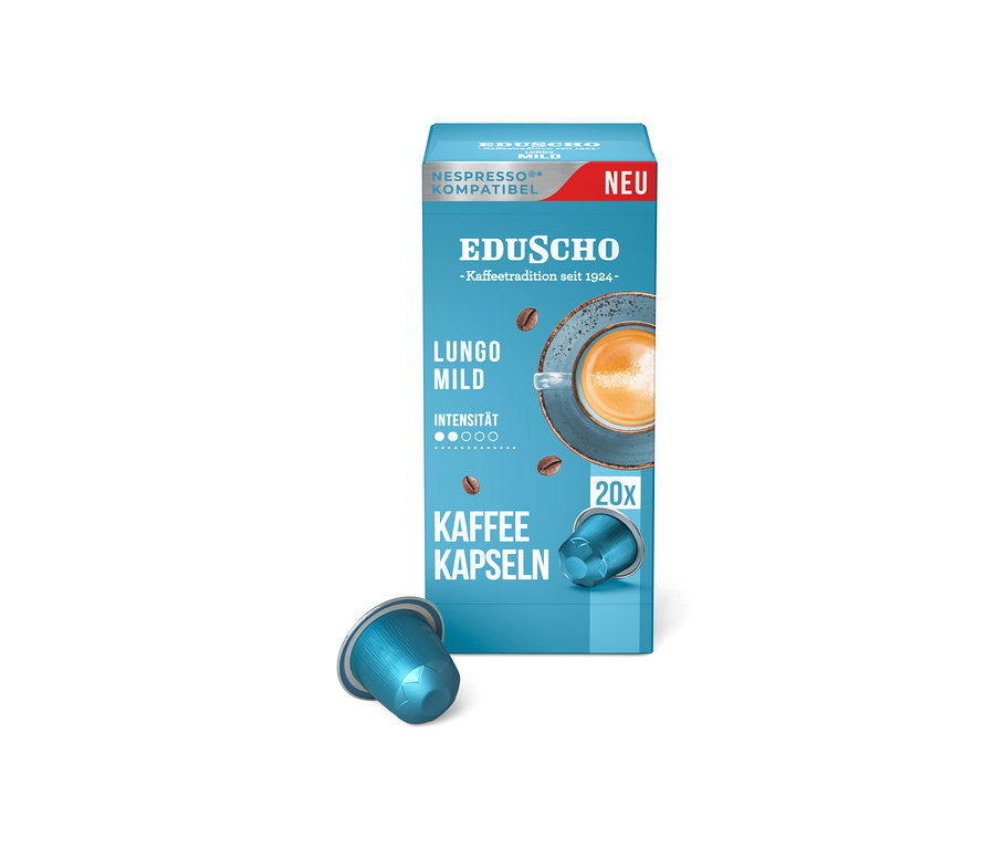 Eine Packung Eduscho Lungo Mild - 100 Kapseln und eine einzelne Kapsel daneben.