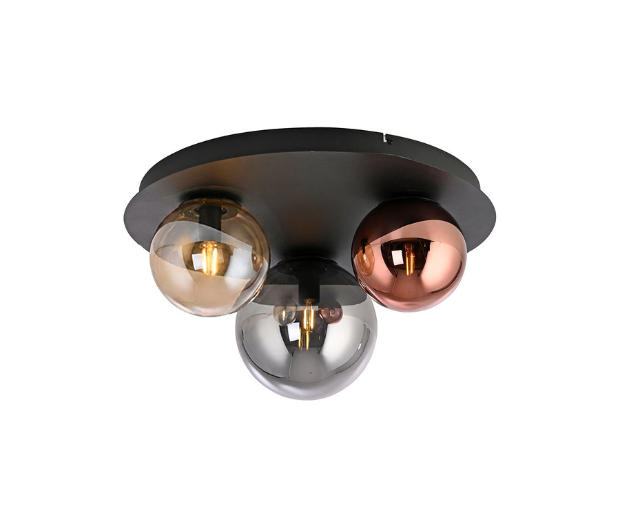 Runde schwarze Deckenleuchte mit drei kugelförmigen Schirmen. Ein Schirm ist bernsteinfarben, einer verspiegelt silber und einer verspiegelt kupferfarben. Glühfadenlampen sind in den Schirmen sichtbar.