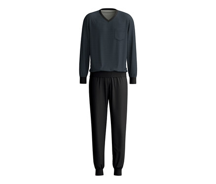 Ein zweiteiliger Pyjama mit einem dunkelblauen, langärmeligen V-Ausschnitt-Oberteil mit dezentem geometrischem Muster und Brusttasche, kombiniert mit einer einfarbigen schwarzen Pyjamahose mit elastischen Bündchen.