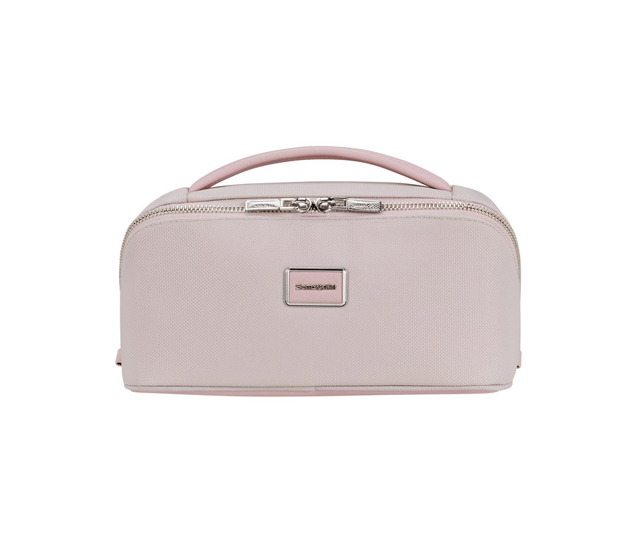 Rosafarbenes Samsonite IMAGE Toilet Kit Beautycase mit rechteckiger Form, abgerundeten Ecken, einem rosafarbenen Griff oben und einem silbernen Reißverschluss.