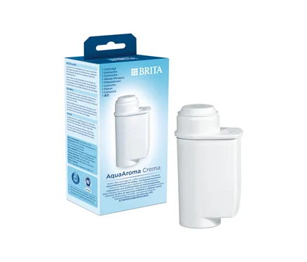 Eine Packung Brita Aqua Aroma Crema mit 6 Filterkartuschen und eine einzelne Filterkartusche.