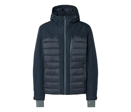 Dunkelblaue Kapuzenjacke mit gesteppter Vorderseite, glatten Ärmeln, durchgehendem Reißverschluss, Reißverschlusstaschen und grauen Bündchen mit Daumenlöchern.